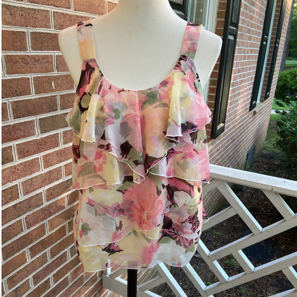 Sheer floral cascading Tier blouse  iZbyer Large - Picture 1 of 6